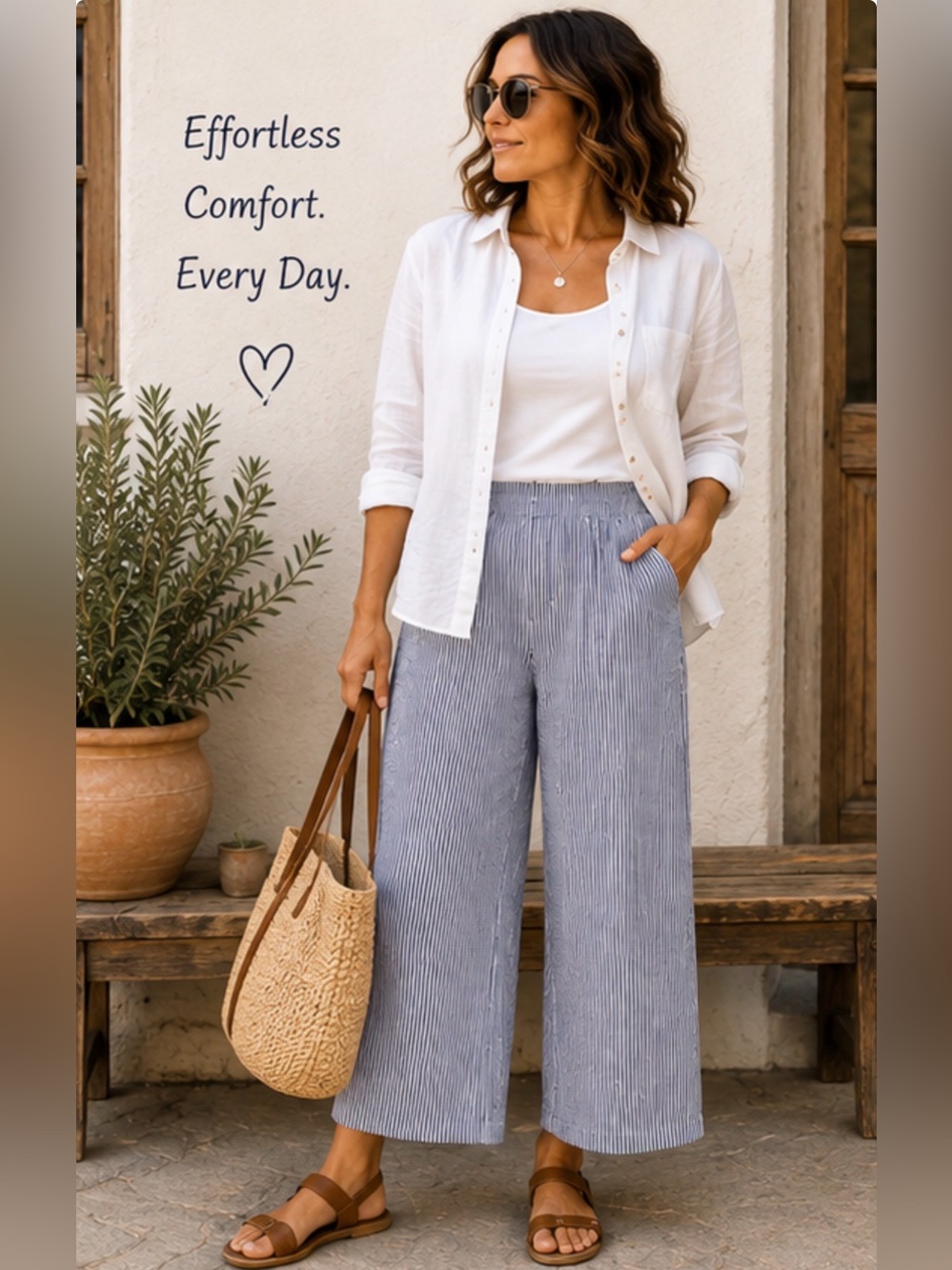 Counterparts Blue White Pinstripe Pull On Crop Pants Medium Coastal Stretch